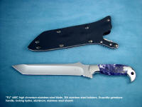 "PJ" collector's, investment grade knife with stainless steel blade, stainless steel bolsters, Scapolite/sodalite florescent gemstone handle, kydex, aluminum, steel sheath