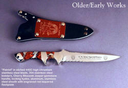 "Patriot" Special Forces Army commemorative in etched 440C high chromium stainless steel blade, 304 stainless steel bolsters, Cherry Blossom Jasper gemstone handle, locking kydex, aluminum, stainless steel sheath with engraved red lacquered brass flashplate