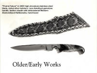 "Prairie Falcon" in 440C high chromium stainless steeel blade, nickel silver bolsters, Lace Amethyst gemstone, Western Diamondback Rattlesnake embroidered over hand-laced leather sheath