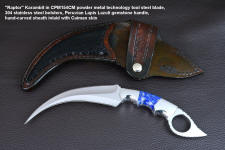 "Raptor" obverse side view in CPM154CM powder metal technology high molybdenum stainless steel blade, 304 stainless steel bolsters, Peruvian Lapis Lazuli gemstone handle, hand-carved leather sheath inlaid with Caiman skin