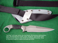 "Bulldog" tactical combat CQB knife in D2, stainless fittings, micarta handle. Note kydex sheath back has tension straps of aluminum to mount to belt, webbing.