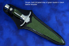 "Daqar" dagger, sheath front view in CPM154CM powder metal technology stainless steel blade, 304 stainless steel guard and pommel, Nephrite Jade gemstone handle, hand-carved leather sheath inlaid with rayskin