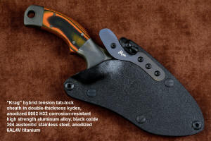 "Krag" tactical, counterterrorism, crossver knife, obverse side view in T4 cryogenically treated 440C high chromium martensitic stainless steel blade, 304 stainless steel bolsters, Orange and Black  G10 fiberglass/epoxy composite handle, hybrid tension tab-locking sheath in kydex, anodized aluminum, black oxide stainless steel and anodized titanium