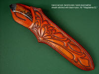Hand-carved, hand-tooled, hand-dyed heavy leather shoulder on Magdalena Magnum