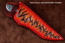 "Nishi" obverse side view in 440C high chromium stainless steel blade, hand-engraved 304 stainless steel bolsters, Sonoran Flame Agate gemstone handle, hand-carved, hand-dyed leather sheath