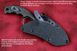 "Skeg"  tactical, counterterrorism, crossover knife, obverse side view in ATS-34 high molybdenum martensitic stainless steel blade, 304 stainless steel bolsters, black and gray G10 fiberglass/epoxy composite handle, hybrid tension tab-locking sheath in kydex, anodized aluminum, black oxide stainless steel and anodized titanium