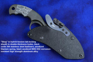 "Skeg"  tactical, counterterrorism, crossover knife, hybrid tension tab lock sheathed view in T4 Cryogenically treated ATS-34 high molybdenum martensitic stainless steel blade, 304 stainless steel bolsters, white and black tortoiseshell pattern G10 fiberglass/epoxy composite handle, hybrid tension tab-locking sheath in kydex, anodized aluminum, black oxide stainless steel and anodized titanium
