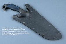 "Utamu" Custom Crossover, Survival, Tactial knife, locking sheath view in T4 cryogenically treated CPM 154CM powder metal high molybdenum martensitic stainless steel blade, 304 stainless steel bolsters, blue/black G10 compos000ite handle, positively locking sheath of kydex, anodized aluminum, black oxide stainless steel, anodized titanium