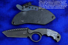 "Skeg"  tactical, counterterrorism, crossover knife, sheathed view in T4 Cryogenically treated ATS-34 high molybdenum martensitic stainless steel blade, 304 stainless steel bolsters, white and black tortoiseshell pattern G10 fiberglass/epoxy composite handle, hybrid tension tab-locking sheath in kydex, anodized aluminum, black oxide stainless steel and anodized titanium