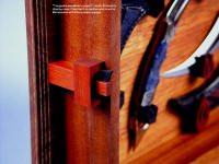 "Tunguska and Manicouagan" case details. Mortise and tenon latch in bloodwood and ebony hardwood with tension wedges