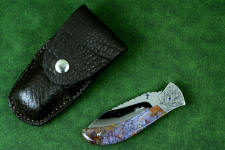 "Starling" fine handmade custom folding knife with American Bison Skin and leather pocket sheath in 5-6 oz. shoulder, nylon, stainless steel