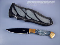Fine, handmade, investment grade cutlery, knives: "Tarazed" in blued o-1 too steel blade, Mokume Gane copper/silver bolsters, Moss agate gemstone handle, sharkskin inlaid in hand-carved leather sheath