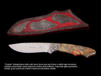 "Thuban" collaborative knife with Gerry Hurst in 440C stainless steel, hand-engraved carbon steel bolsters, Coprolite Agate gemstone handle, gray Lizard skin inlaid leather sheath