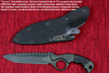 "Torvus" Counterterrorism Tactical Knife in T4 cryogenically treated CPMS30V  powder metal technology high vanadium martensitic stainless steel blade, 304 stainless steel bolsters, Black G10 fiberglass/epoxy composite handle, hybrid tension tab-locking sheath in kydex, anodized aluminum, stainless steel, titanium