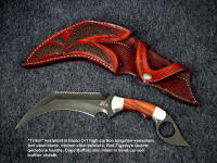 "Triton" kerambit in blued O-1 high carbon tungsten-vanadium alloy tool steel blade, carbon steel bolsters, Red Tigereye gemstone handle, Cape Buffalo skin inlaid in hand-carved leather sheath