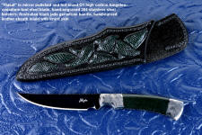 "Wasat" obverse side view in O1 high carbon tungsten vanadium tool steel alloy steel, hand-engraved 304 stainless steel bolsters, Australian Black Jade gemstone handle, hand-carved leather sheath inlaid with green lizard skin